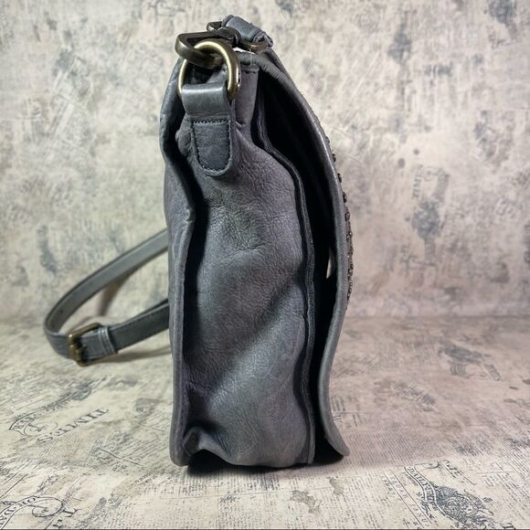 Platania | Leather Grey Studded Messenger Bag - Picture 4 of 16
